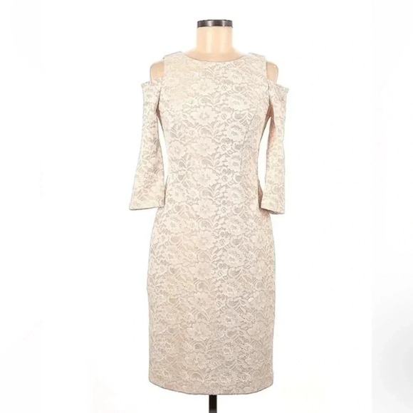 Eliza J | Ivory Floral Lace Overlay Cold Shoulder Wedding Cocktail Dress Size 6 - Picture 2 of 4